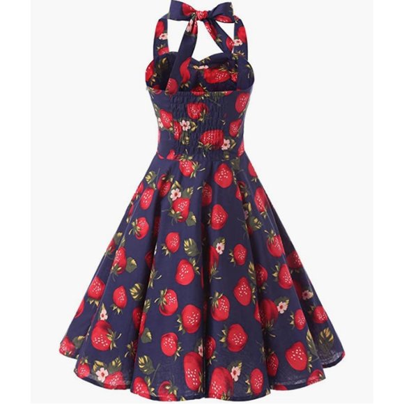 Strawberry 1950s Vintage Inspired Halter Picnic Party Dress - Picture 3 of 6